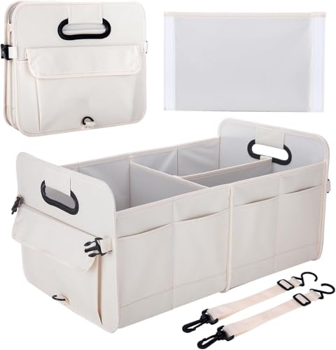 Syzplnwy Premium Kofferraum-Organizer mit Verstellbare Riemen, 66 L Faltbare Kofferraumtasche Multifunktionell für Auto, Camping, Picknick, Einkaufen (3 Fächer, Beige)