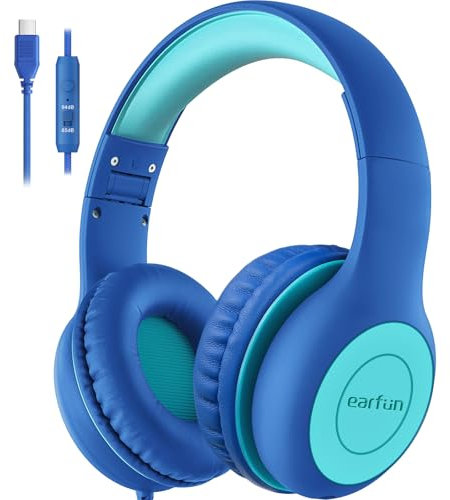 EarFun Kinder Kopfhörer, Kopfhörer Kinder mit USB-C Kabel, 85/94dB Lautstärkenbegrenzer, Faltbare, Einstellbar, Stereo Klang, HD-Mikrofon, Audio-Sharing, Over Ear Kinderkopfhörer für Schule/Tablet/PC