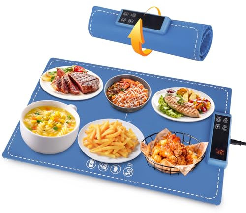 Silicone Food Warming Mat, Electric Silicone Warming Tray with 6 Temperature 5 Timer & Safety Lock, Rollable & Portable Food Warmer Mat for Kitchen Buffet Server Heating Tray, 65 x 38 x 2cm (Blue)
