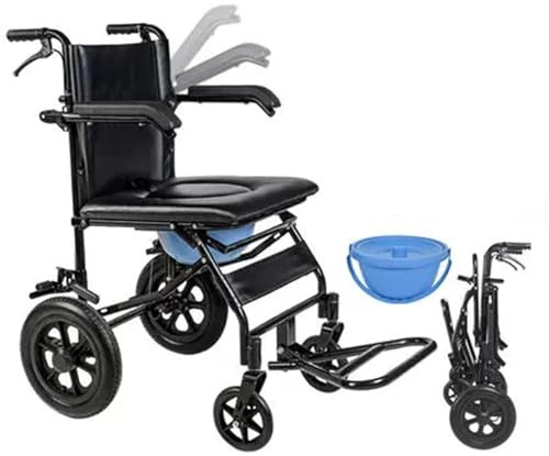 Folding Portable Small with Toilet, Shower Commode Wheelchair, Transport Commode with Wheels, with Armrest and Pedal