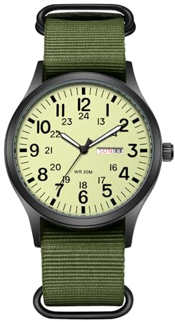 JewelryWe Herrklocka lysande militärklocka: enkel 12/24 H display kalender analog kvarts armbandsur män duk tyg taktisk sportklocka med armégrön nylon textilarmband och digital urtavla, Grön