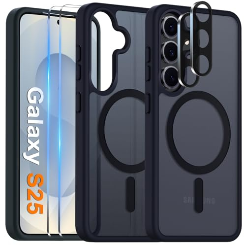 COPIKE Magnetic Case for Samsung Galaxy S25 with 2 Screen Protector and 2 Lens Protector, Compatible with Mag Safe Translucent Matte Anti-Fingerprint Anti-Scratch Shockproof Cover, Black