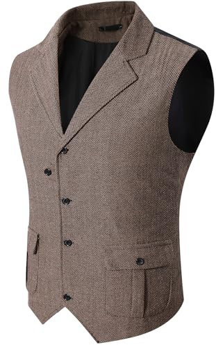 mintgreen Chaleco vintage de tweed de espiga para hombre, cuello en V, ajuste regular, chaleco de traje casual, marrón, L