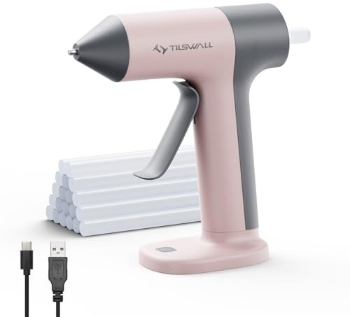 Pistola per colla a caldo senza fili Tilswall, pistola per colla a caldo con batteria integrata da 2 Ah, spegnimento intelligente, ingressi USB-C, adatta per il fai da te, riparazioni domestiche, rosa