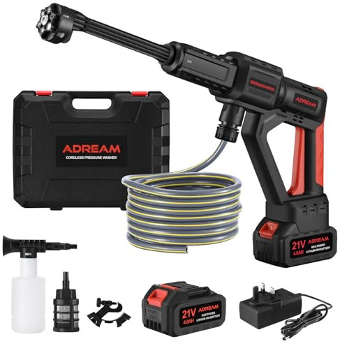 Cordless Pressure Washer, ADREAM Portable Power Cleaner with 6-in-1 Pressure Nozzle, 38 Bar/550 PSI Brushless, 4.0Ah Battery, Compact Jet Washer for Patio Cleaning and Car Washing