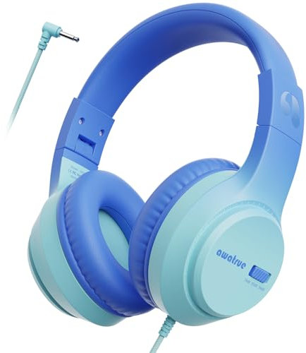 awatrue Casque Audio Enfant, 74/85/94dB Volume Sécurisé Casque Filaire Enfant, Son Stéréo, Pliable, 3.5 mm Jack Over Ear Casque pour Enfants pour Ipad/Voyage/Tablette/Téléphone (Bleu)