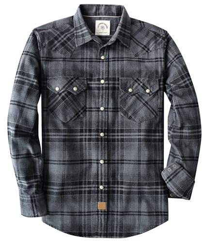 Dubinik® 6.3 oz Camicia Flanella Uomo Western Plaid Manica Lunga Vintage Bottoni a Pressione Doppia Tasca Grigio e Nero XL