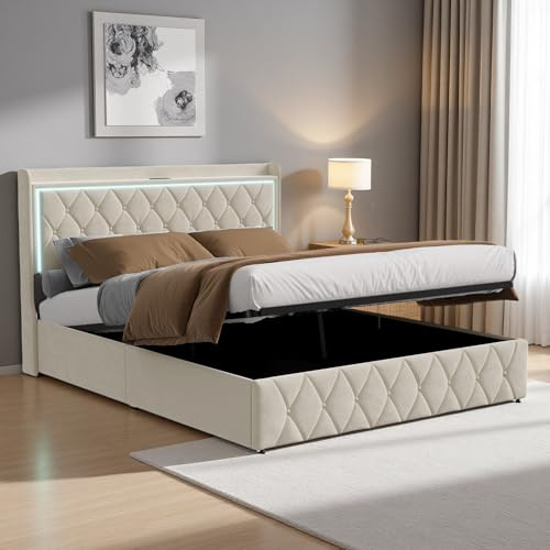 JYNVO Modern dubbelsäng 160 x 200 cm med belysning och integrerad laddningsfunktion, förvaringssäng med hydrauliskt lyftsystem, stoppad säng med ribbotten, tonårssäng, beige flanellsäng
