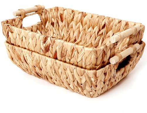 Hand-Woven Water Hyacinth Storage Baskets with Wooden Handles, Sturdy and Breathable Wicker Organizer Bins, 2-Pack for Shelf, Bedroom, Laundry