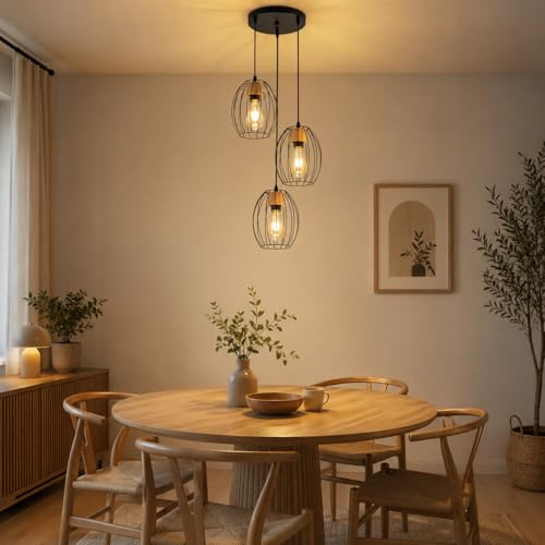 Kowanie Hängelampe Vintage Pendelleuchte Esstisch - 3 flammig Esstischlampe | Hängend Schwarz Hängeleuchte Metall & Holz E27 Retro Pendellampe für Wohnzimmer Schlafzimmer Küche (Ohne Leuchtmittel)