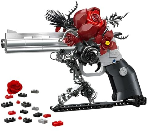 Revolver Bausteine Bausatz mit Rosen, 631 Teile Kreatives Mechanisches Pistolen Bauklötze Kit, Pistolen Modell Sammlung Spielzeug, Simulation Militärische Spielzeug für Kinder und Erwachsene Heim Deko
