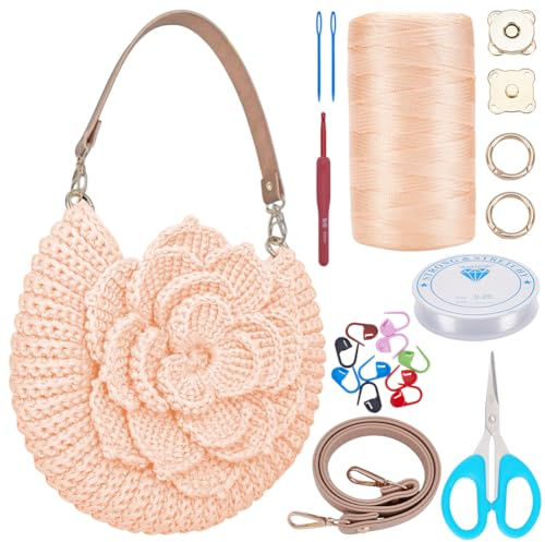 FREEBLOSS Häkeltaschen Set Mit Blumen Für Anfänger Komplettes Starter Set Mit Schritt Für Schritt Video Tutorials Häkel Tragetaschen Strickset Bastelprojekte Für Erwachsene Beige