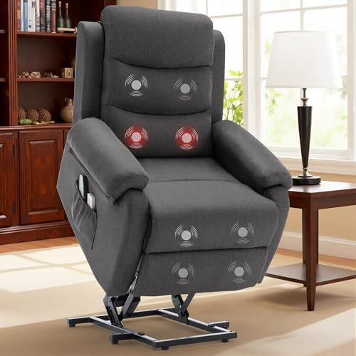 Korser Relaxsessel mit Liegefunktion für Erwachsene, Elektrischer Fernsehsessel mit Aufstehhilfe, Massagesessel mit Wärmefunktion, TV Sessel mit Memory-Funktion für Wohnzimmer Schlafzimmer (Darkgrey)