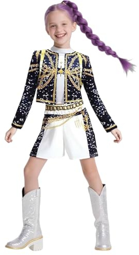 Disfraz infantil de bailarina de pop, conjunto de estilo urbano, cosplay para carnaval y Halloween; conjunto inspirado en estrella de música (Rumi Negro, 5-6)