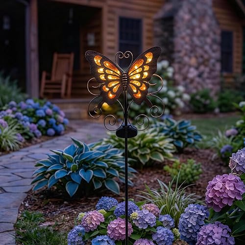 Lune cle Solar Butterfly Garden Stake – 36 Inch Waterproof Iron & Glass Yard Art, Large Yellow Mariposas Grandes para Decoracion with LED Glow, Decorative Outdoor Power Stake for Lawn & Pathway