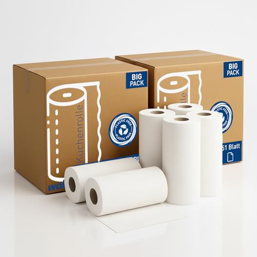 wolk 32 Rollen Küchenrolle Plastikfrei - 3-lagig Saugstarkes Küchenpapier | Nachhaltiges Haushaltsrollen Großpackung, 1632 Blatt Papierhandtücher, FSC-zertifiziert, Reinweiß & Lebensmittelecht