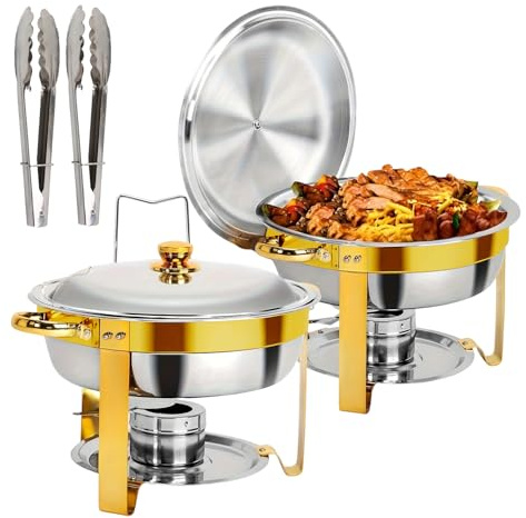Chafing Dish Buffet Set, 2 Pack 4.5L Stainless Steel Food Warmer | Round Catering & Home Events Buffet Server, Dual Temperature Control, Tool-Free Assembly for Parties