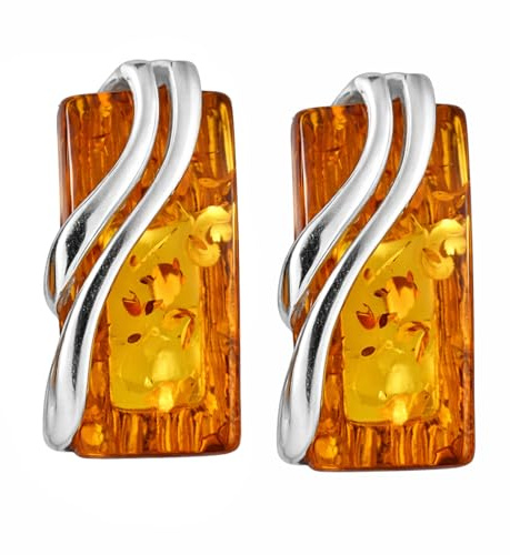 Ewa Baltic Honey Amber Stud Earrings in 925 Sterling Silver – Genuine Rectangle Amber Post Back Earrings, Handmade in Poland, Gift for Women