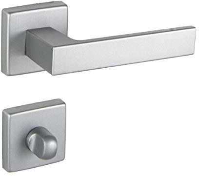 JUVA Drückergarnitur Aluminium Türbeschlag Chrom matt silber Türgriff Zimmertür auf eckige Rosette | WC - Badezimmer | Türdrücker-Garnitur Innentür | PUSH 1317 | 1 Türgarnitur mit Befestigungsmaterial
