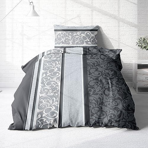 Träumschön Biber Bettwäsche Set 2tlg 135x200 cm + 80x80 cm – Flauschige Paisley Bettwäsche Silber – Weiche Winterbettwäsche - Atmungsaktiv, Warm & Hautfreundlich - 100% Baumwolle