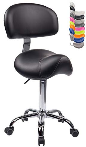 1stuff® Sattelhocker MULY BIGBACK Sattelstuhl mit Lehne - Sitzhöhe bis ca. 74cm - ergonomischer Rollhocker Arzthocker Arbeitshocker Praxishocker Drehhocker (Lederimitat schwarz)