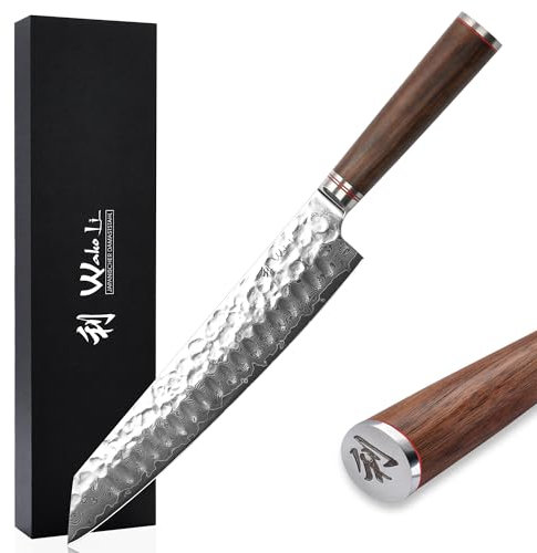 Wakoli Damast Kiritsuke Chefmesser – 20 cm Klinge aus 67 Lagen VG10 Damaststahl mit Hammerschlag, ergonomischer Nussbaumholzgriff, Profi Kochmesser in Geschenkbox für Hobbyköche & Profis