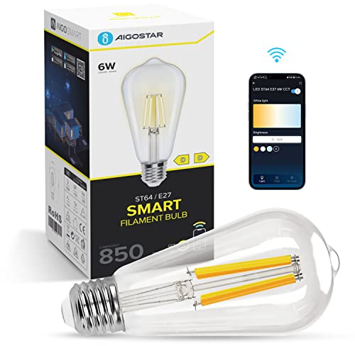Aigostar Lampadine Smart WiFi E27 Alexa Lampadine Vintage ST64 6W Edison Lampadina WiFi Dimmerabile 2700K-6500K, Controllo Remoto tramite APP, Compatibile Con Alexa, Google Home, Trasparente 1 pezzi