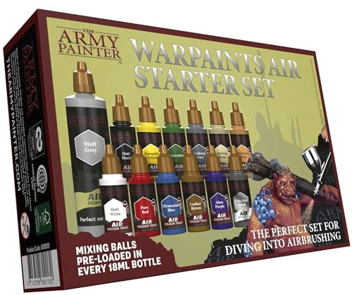 The Army Painter, Warpaints Air Starter Set, 12 x 18ml Vorgemischte Acrylfarben für Airbrush,1 Grau Grundierung, Airbrush Farben Set für Wargames Tabletop Miniaturen & Modellbau
