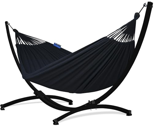 Potenza Outdoor Hängematte mit Gestell für 2 Personen I Baumwolle Doppelhängematte XXL 220x160, 200kg I Hängemattengestell 220kg, wetterfest (Schwarz, Gestell Schwarz)