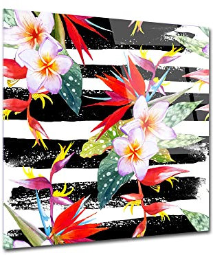 DECLINA, Tableau moderne plexi, tableau mural, impression sur verre acrylique, cadre plexiglass, Tableau verre acrylique fleurs tropicales colorées , 30x30 cm