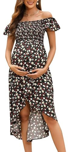 Clearlove Vestido de maternidad de verano para mujer, manga corta, línea A, vestido de lactancia, estampado informal, vestido de maternidad, Negro , S