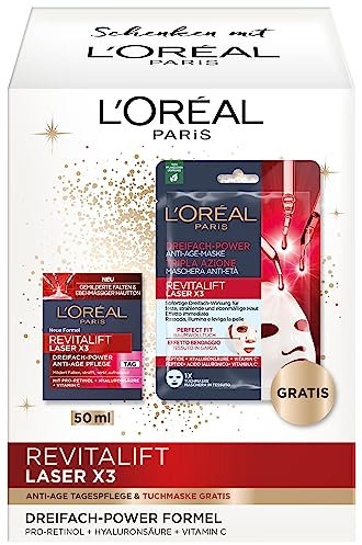 L'Oréal Paris Set per la cura del viso anti-età con cura del giorno e maschera in panno, con pro-retinolo, acido ialuronico e vitamina C, Revitalift Laser X3, 2 pezzi