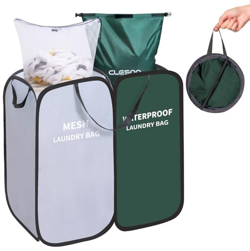 Cesto Ropa Sucia con Bolsa Ropa Sucia Impermeable y Bolsa Lavadora Malla Extraíble, Cesta Ropa Sucia Plegable 2 Compartimentos, Grande Tenderos de Ropa Organizador Almacenamiento para Baño Dormitorio