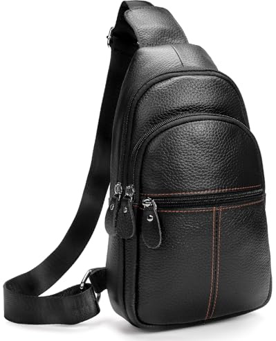 molshine Genuine Leather Sling Crossbody Bag,Fashion Chest,Casual Shoulder Bag for Men Women Work Travel Cycling HB024 (Black)