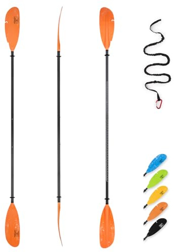 OCEANBROAD Adjustable Carbon Fishing Kayak Paddle - 94in/240cm-98in/250cm-102in/260cm Carbon Fiber Shaft Paddles Kayaking Fishing Oar with Paddle Leash, Orange