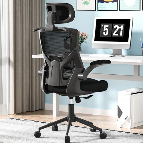 FOKESUN Ergonomisk kontorsstol, nätstol med hög rygg, tjock skumkudde, klädhängare, justerbart nackstöd, ländryggsstöd, lutning och låsfunktion – uppgiftsstol (helt svart)