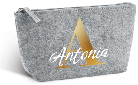 Love Faith personalisierte Filz-Kosmetiktasche - Grau - 16x12,5x6 cm | Wähle Initiale & Namen für die Gravur - Robuster Filz-Kulturbeutel - Nachhaltiger Reisebegleiter für Männer & Frauen