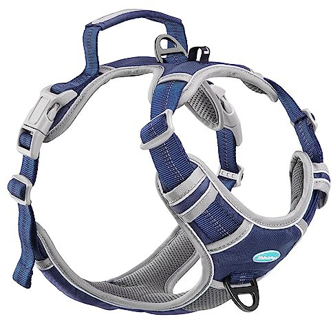 ThinkPet Hundegeschirr gegen Ziehen, atmungsaktiv, mit Griff, reflektierend, verstellbar für mittelgroße und große Hunde, Clip hinten/vorne für einfache Kontrolle, L, Dunkelblau