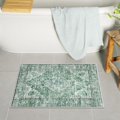 Uphome Grüne Badematte, Landhausstil, Boho-Badezimmerteppich, super gemütlich, Samt, kleine Badezimmermatten, rutschfest, maschinenwaschbar, Badezimmer-Bodenmatte für WC, Waschbecken, Dusche, 45,7 x