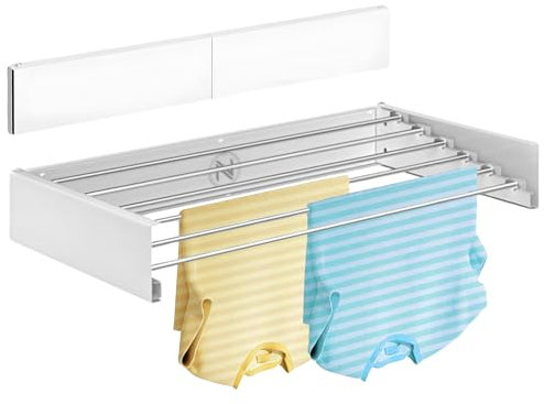 N 18.28 - Étendoir extensible mural rétractable - Étendoir pliable mural pour intérieur ou extérieur - Économie d'espace - Compact - 35 kg de capacité - 6 tiges - 100 cm (blanc)