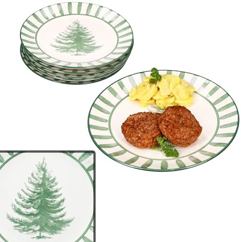 MamboCat Lot de 6 assiettes plates vertes - Grandes assiettes en faïence pour 6 personnes - Avec sapin et bord rayé - Vaisselle pour Noël, l'Avent et Saint-Nicolas