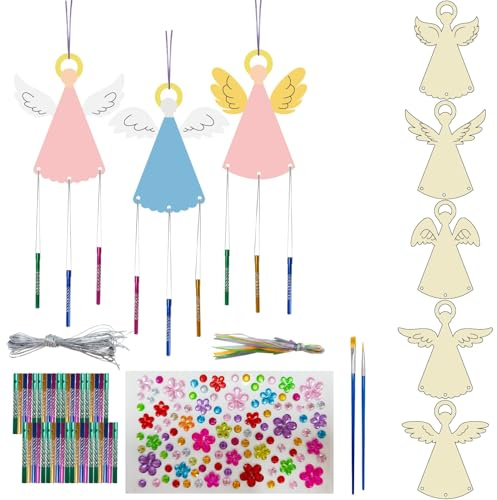 craspire 16 Packung Windspiel Bausätze Zum Selbermachen Basteln Sie Ihr Eigenes Windspiel Mit Engel Und Fee Zum Ausmalen Aus Holz Osterbasteln Für Heimwerker Bastelaktivitäten Geburtstag Weihnachten