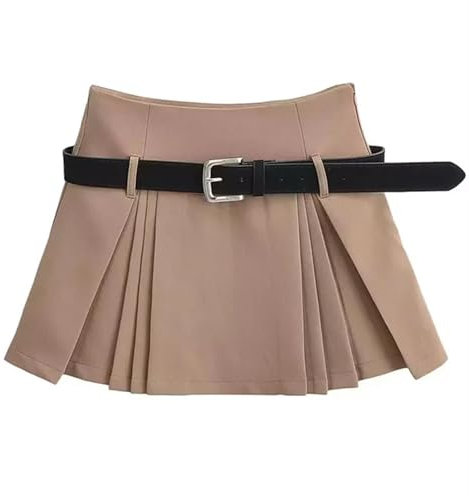 Plisserad kjol sidovlisserade korta kjolar kvinnor minikjol svart preppy casual smal A-linje kjolar med innershorts och bälte veckad tenniskjol för kvinnor, Khaki, S