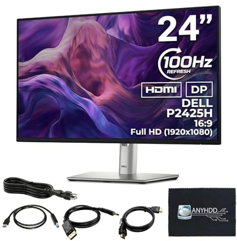 Dell P2425H Computer Monitor Screen 24 16:9 IPS Display with Stand - 1 Year Warranty, 100Hz Full HD, 1920 x 1080 with Power Cable, Anyhdd DisplayPort, HDMI, USB 3.0 Upstream Cable & Cloth - New