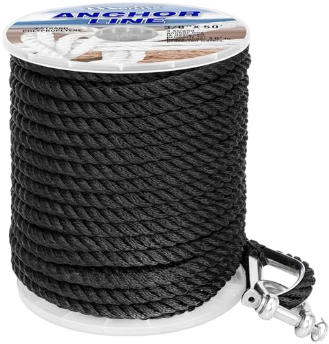 Boat Anchor Line 3 Strand Anchor Rope Black White Grey 3/8 Inch 50FT 100FT 150FT with Stainless Steel Thimble and Shackle for Boat (3/8 x50' Black)