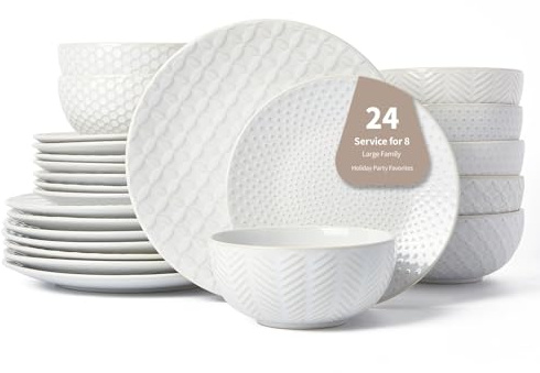 24 Piece Dinnerware Sets for 8, Premium Stoneware Plates and Bowls Sets, Microwave & Dishwasher Safe, Elegant Dishes for Entertaining & Special Occasions – A Stunning Gift for Large Families