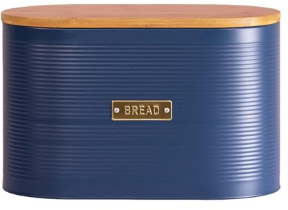 Darthome Navy Blue Ribbed Bread Bin 34x21x18cm Ribbed Metal Loaf Kitchen Storage Container Wood Lid