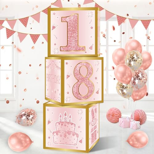 Scatole Decorative per il 18° Compleanno di Ragazza, 3 pezzi Rosa Oro Scatole Palloncini per 18th Compleanno, 18 Anni Happy Birthday Decorazioni da Festa, Decorazione Festa Rosa per 18th