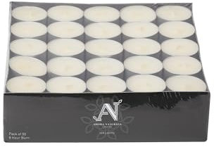 Aroma Naturals London Unscented Tealights 8 Hours Candles Pack of 50 | Long Burn Candlelight Everday Use | Size D3.72 x H2.5cm | White t Lights Wax & Aluminium Cups | Tea Lights Bag of (50)