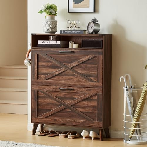 LELELINKY Schmaler Schuhschrank mit 2 Klapp für Flur, Diele, Braun | Boho, für 16–20 Paar Schuhe, 2 verstellbaren Doppel-Klappschubladen, großen Schubladen, 80x24x113 cm (L x B x H)